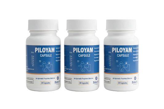 A white plastic bottle of Ployam Capsule, an Ayurvedic medicine, featuring a blue and white label with a white ribbed cap, set against a plain white background.