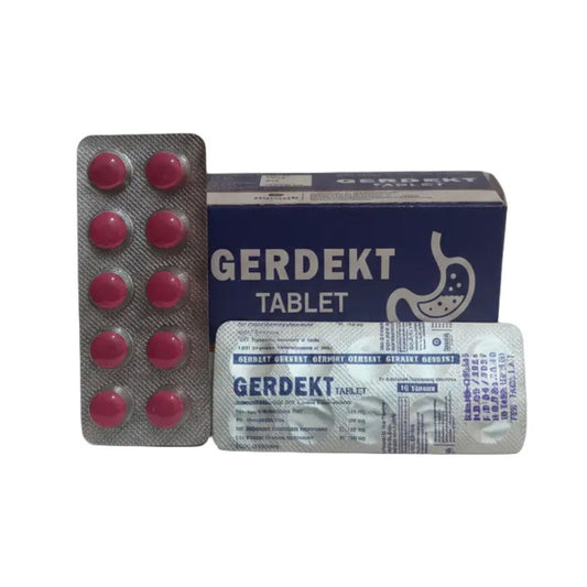 Gerdekt Tablet medicine packaging showing a blue and white cardboard box, a silver foil blister pack with pink round tablets, and a single silver foil blister pack in front on a white background.