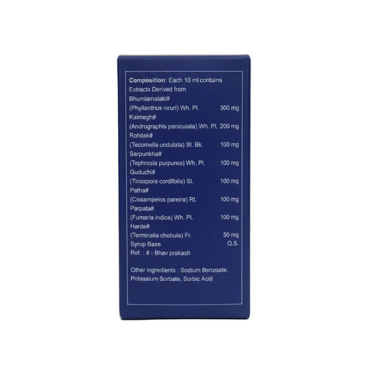 The back of a dark blue rectangular product box, showing white text with the composition and ingredients list for Bhumamala K.