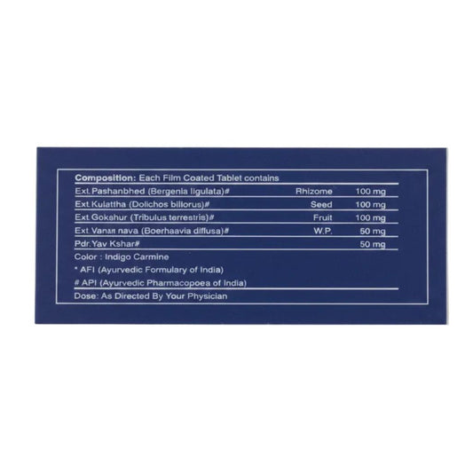A dark blue rectangular label with white text detailing the composition and ingredients of a film-coated tablet, set against a plain white background.