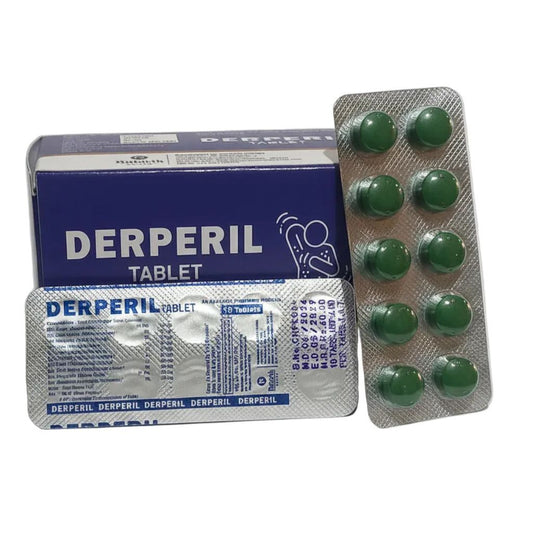 Derperil tablet packaging showing a blue and white cardboard box, a foil blister pack with green round tablets, and a single blister strip with green tablets on a white background.