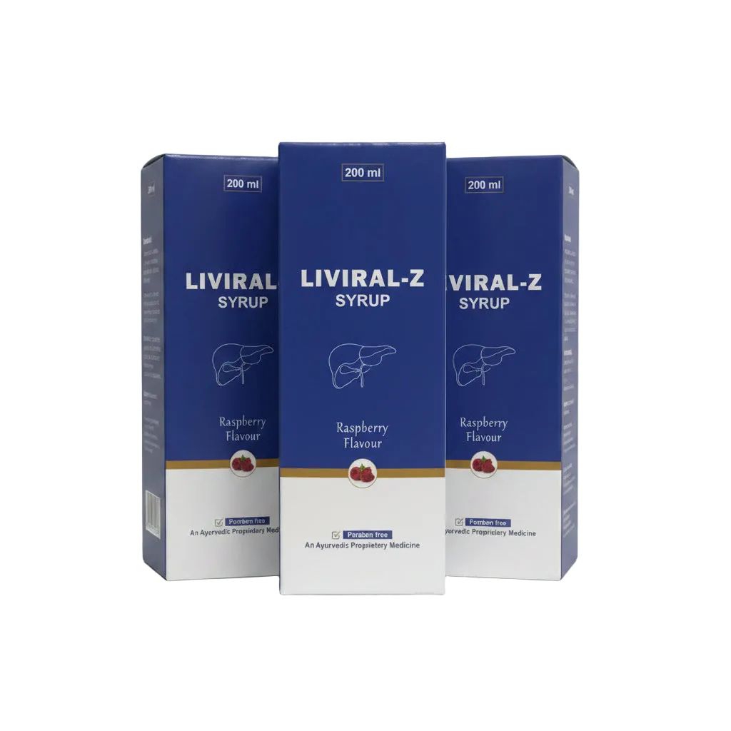 Three blue and white boxes of Liviral-Z Syrup (Raspberry Flavour) arranged in a row on a white background.