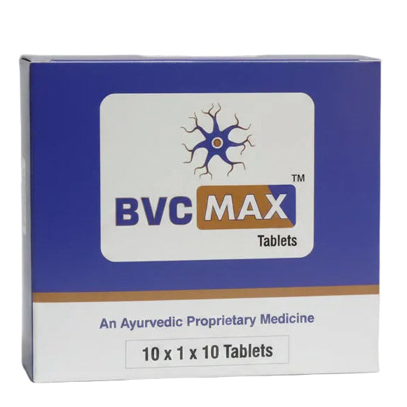 A blue and white box of BVC MAX Tablets, an Ayurvedic proprietary medicine, featuring a blue and gold logo on a white background.