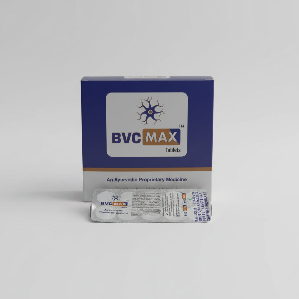 A box of BVC MAX Tablets alongside a single blister pack of the same ayurvedic medicine on a plain white background.