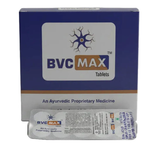 A box of BVC MAX Tablets alongside a single blister pack of the same ayurvedic medicine on a plain white background.