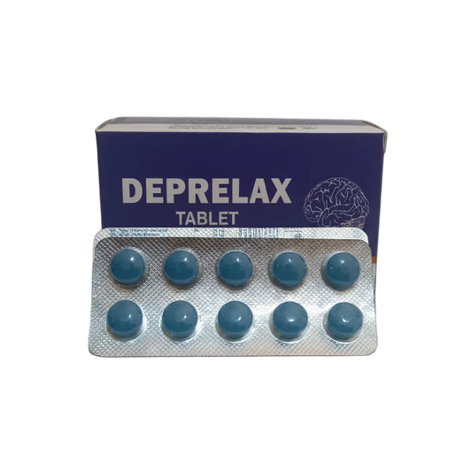 A blister pack of Deprelax Tablet containing ten blue round tablets, positioned in front of its dark blue cardboard packaging box on a plain white background.
