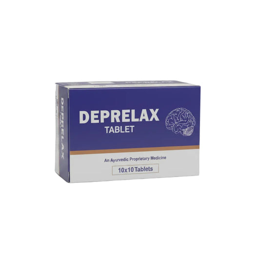 A box of Deprelax Tablet, an Ayurvedic proprietary medicine, containing 10x10 tablets. The packaging is primarily dark blue with a white lower section, featuring a white brain illustration and white text.