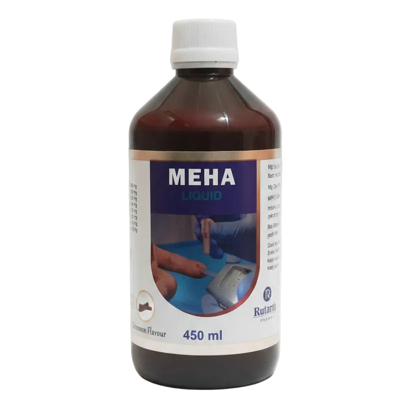 A 450 ml bottle of MEHA Liquid, featuring an amber brown bottle with a white cap and a white label with a blue and purple graphic, on a white background.