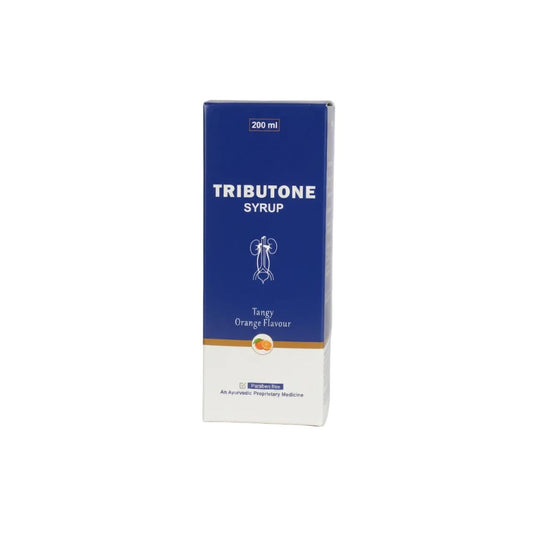 A 200 ml box of Tributone Syrup, Orange Flavour, featuring a blue and white design with a small orange graphic, set against a plain white background.