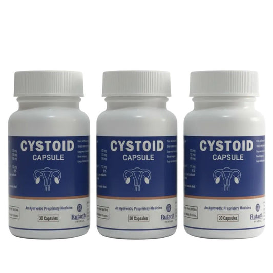 Three white plastic bottles of Rastharp Cystoid Capsule arranged side by side on a plain white background.
