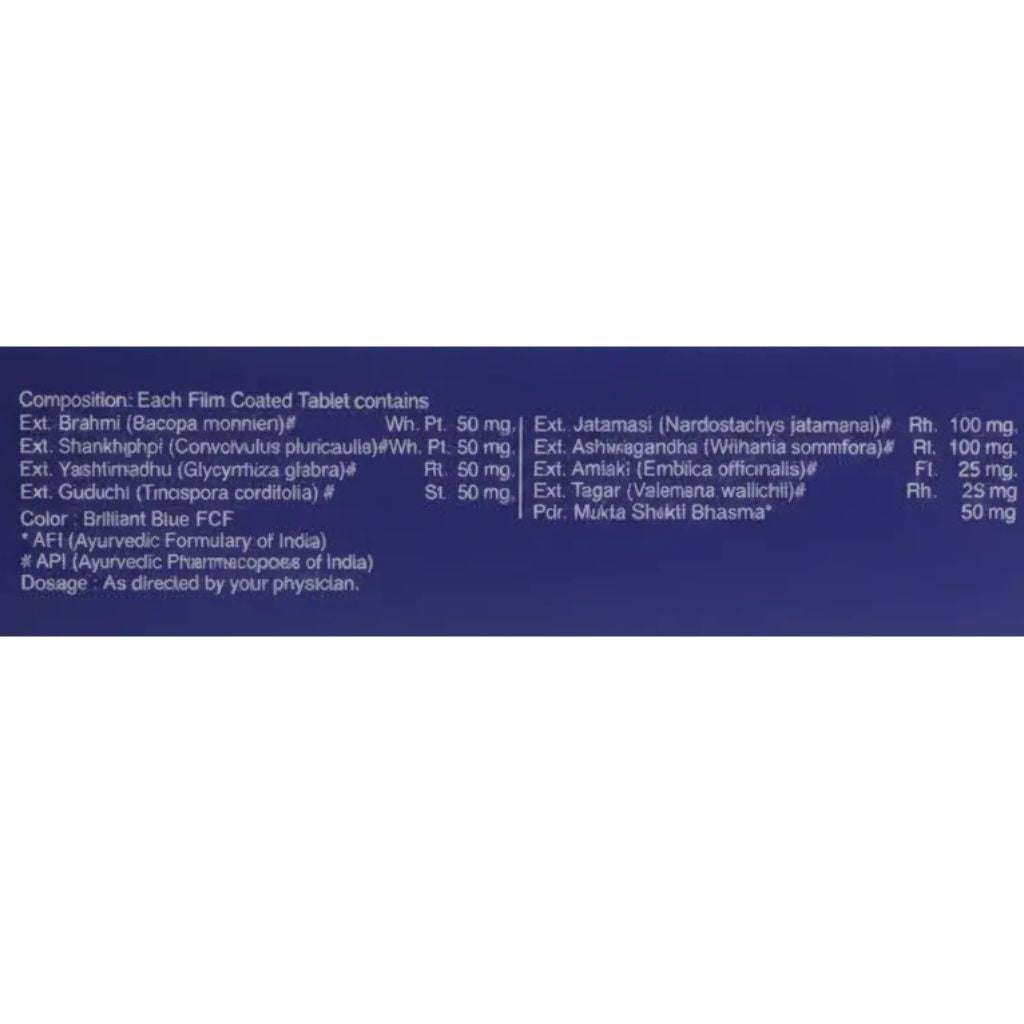A blue informational label or packaging insert with white text listing ingredients, dosage, and product details in English and Hindi.