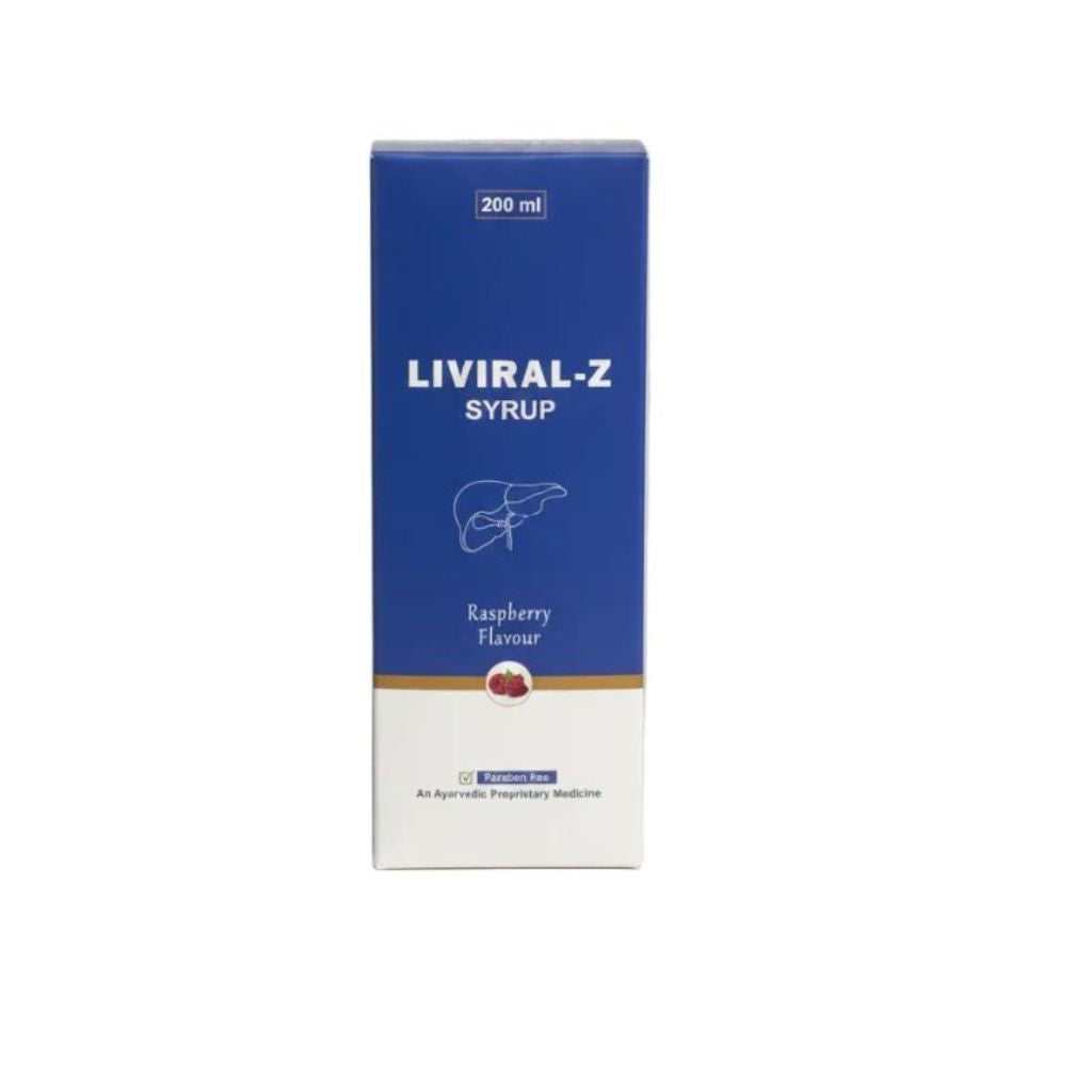 A 200 ml box of Liviral-Z Syrup, Raspberry Flavour, featuring a blue and white design with a small red raspberry illustration, set against a plain white background.
