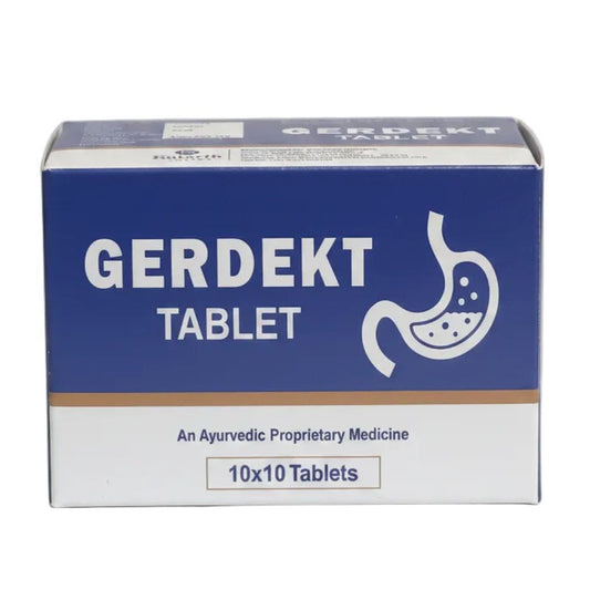 A box of Gerdekt Tablet, an Ayurvedic proprietary medicine, featuring a blue and white design with a white stomach icon, containing 10x10 tablets.