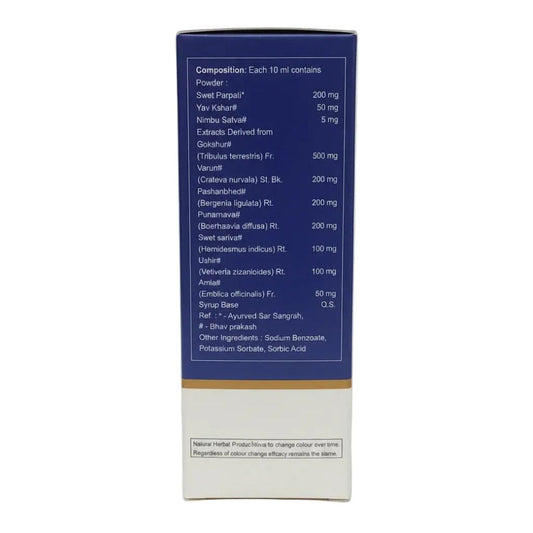 The back of a blue and white herbal supplement box showing a detailed list of ingredients in English text, set against a plain white background.