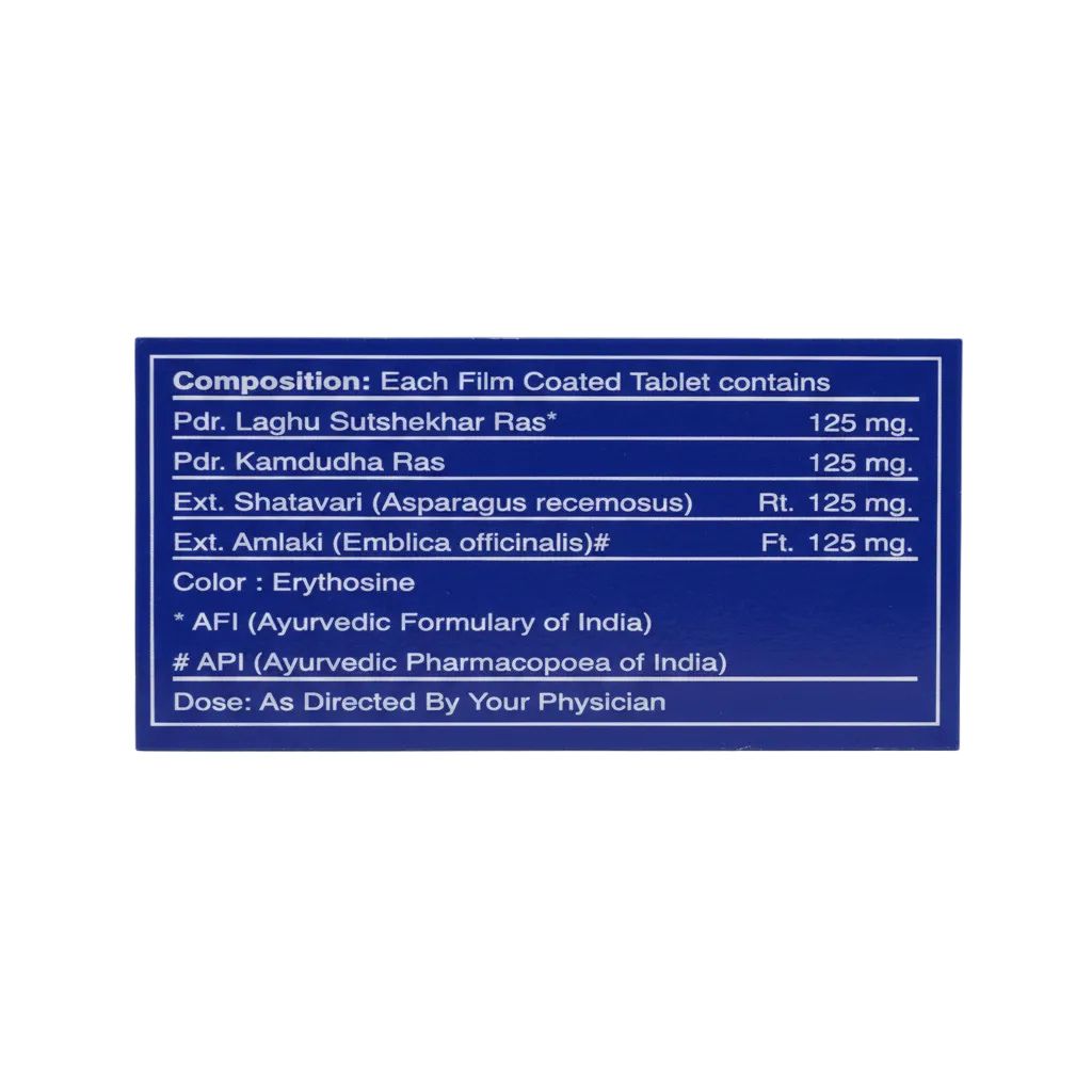 A blue rectangular label with white text detailing the composition and ingredients of film-coated tablets, including Pdr. Laghu Sutekhbar Ras, Pdr.