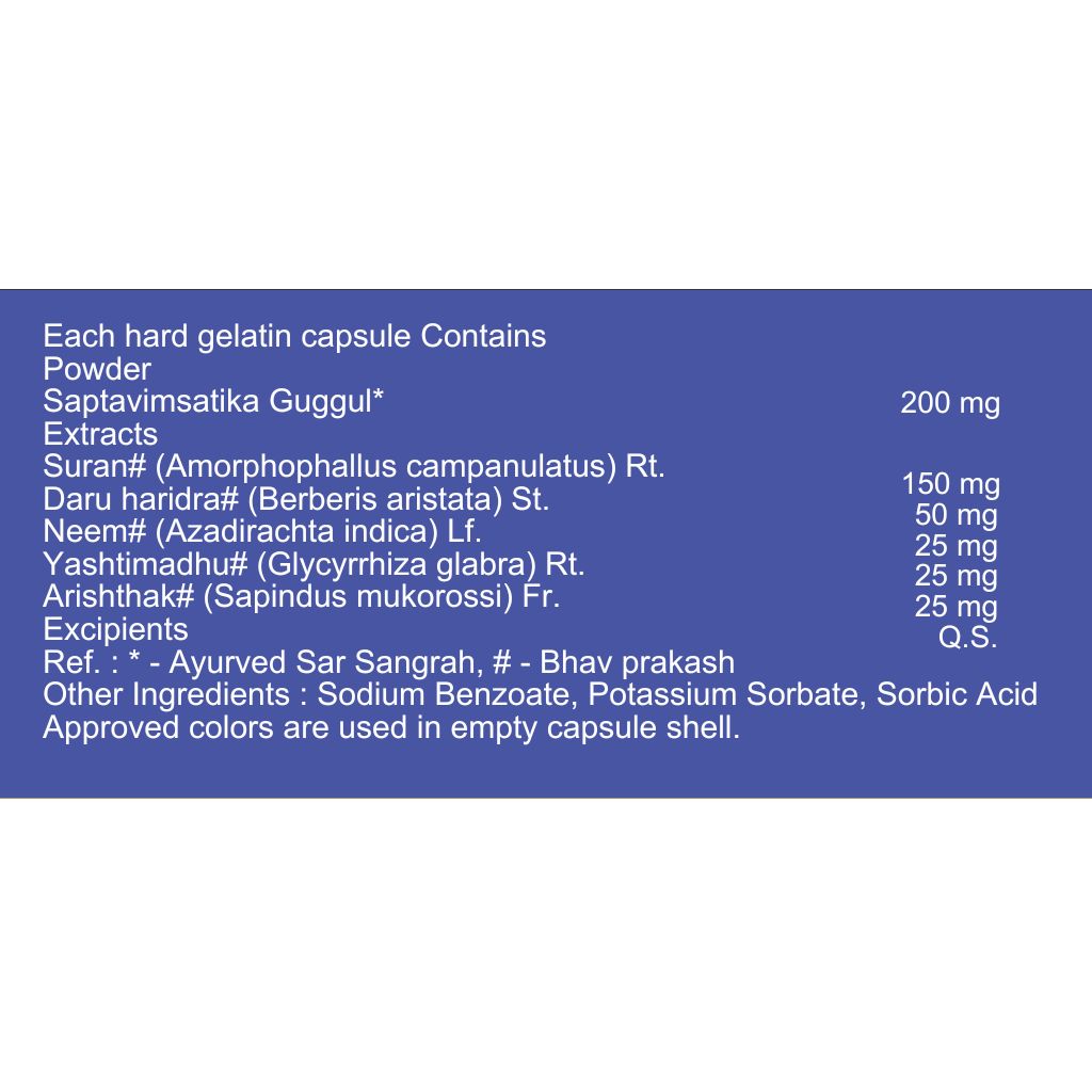 A blue informational label with white text listing capsule contents and ingredients for Saptavimatsatika Guggul, including Suran, Daru hardra, Neem, Yashtimadhu, and Arishthak.