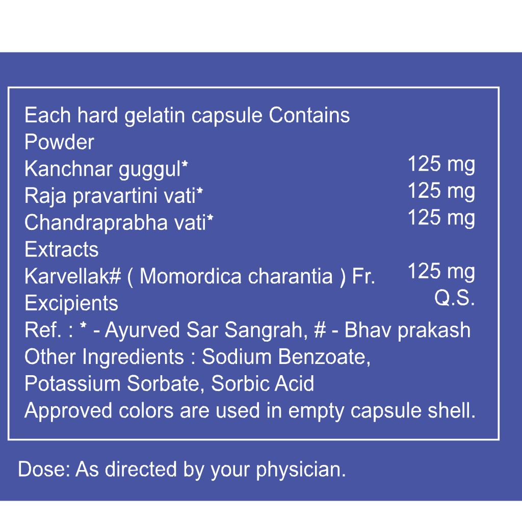 A blue informational label with white text detailing the contents of each hard gelatin capsule, including Ayurvedic ingredients like Kanchnar guggul, Raja pravarti vati, and Chandrapabha vati.