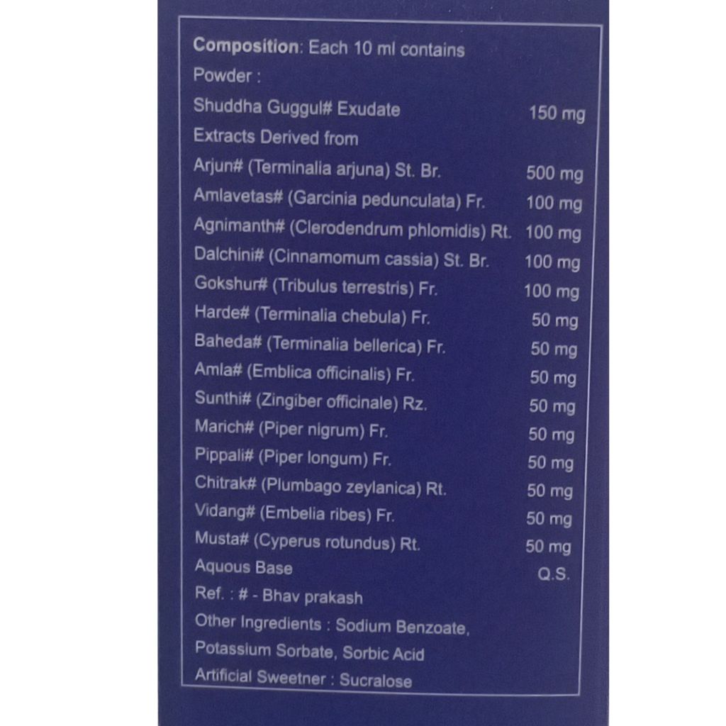 A close-up of a dark blue product label showing the composition and ingredients list in white text, including Shuddha Guggul# Exudate and various herbal extracts.