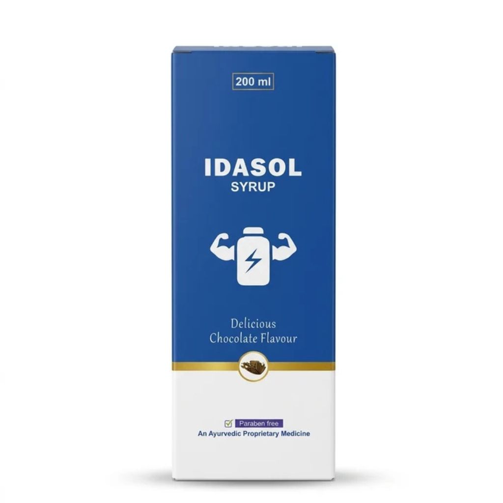 A 200 ml box of IDASOL Syrup, Chocolate Flavour, featuring a blue and white design with a gold accent stripe and a battery icon with flexed arms.