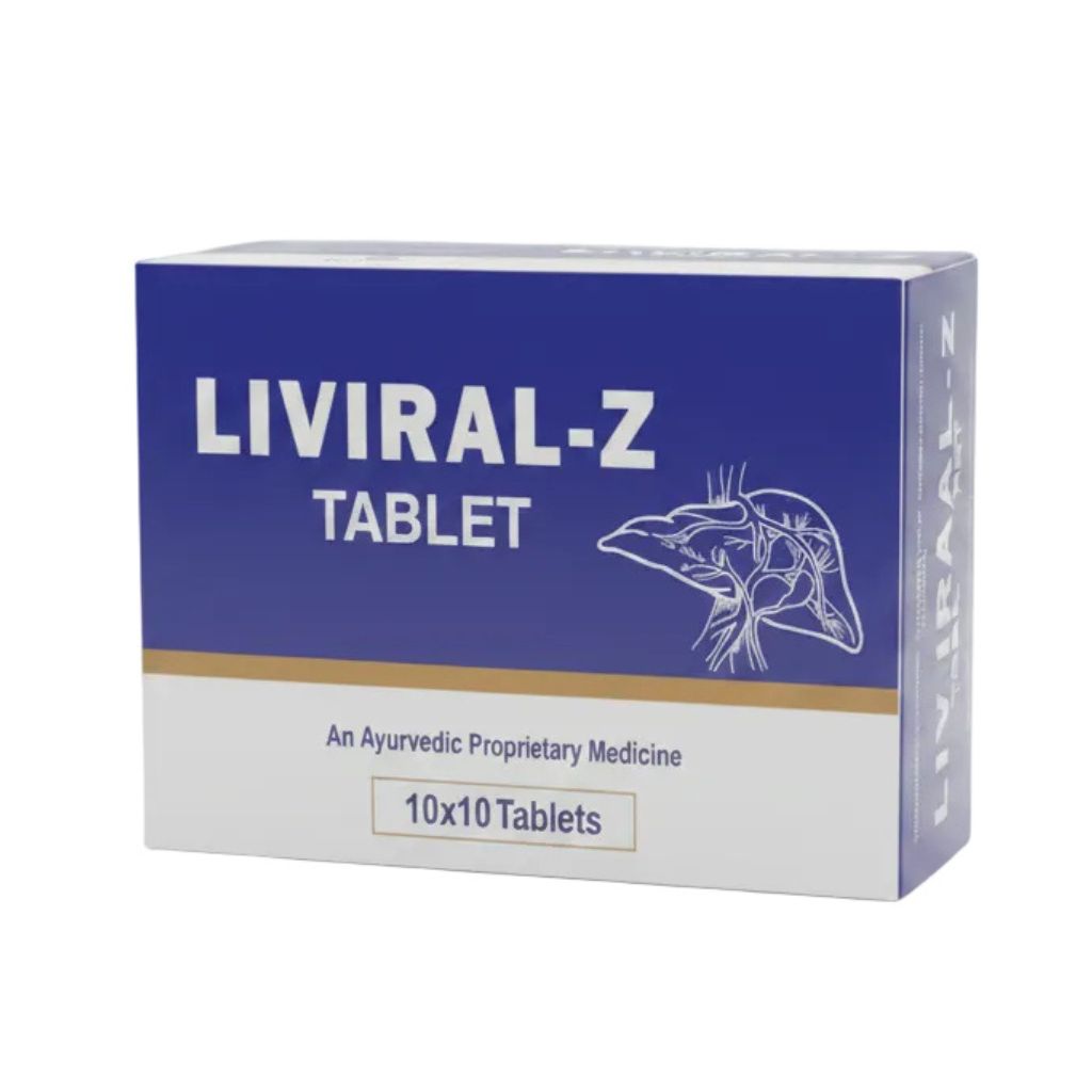 A box of LIVIRAL-Z TABLET, an Ayurvedic proprietary medicine, featuring a blue and white design with a line drawing of a liver on the front, set against a plain white background.