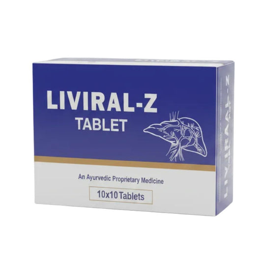 A box of LIVIRAL-Z TABLET, an Ayurvedic proprietary medicine, featuring a blue and white design with a line drawing of a liver on the front, set against a plain white background.