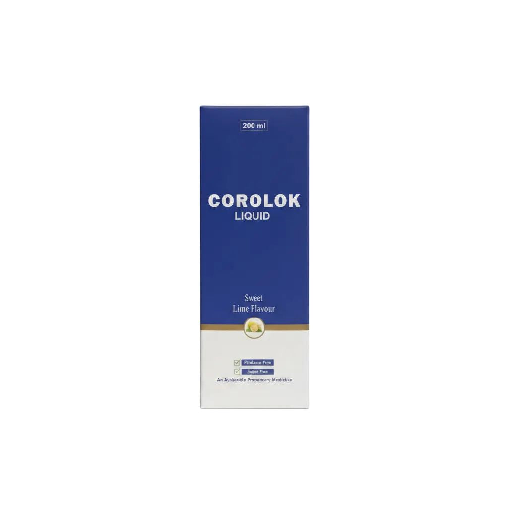 A 200 ml box of Corolok Liquid Sweet Lime Flavour, featuring a blue and white packaging design with a gold accent band.