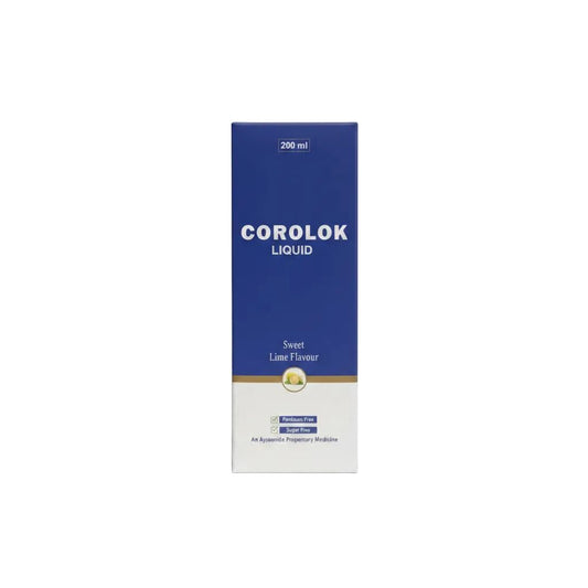 A 200 ml box of Corolok Liquid Sweet Lime Flavour, featuring a blue and white packaging design with a gold accent band.