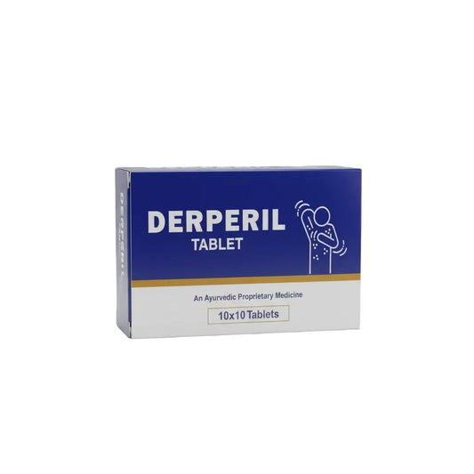 A box of Derperil Tablet, an Ayurvedic proprietary medicine, featuring a blue and white design with a gold stripe, containing 10x10 tablets.