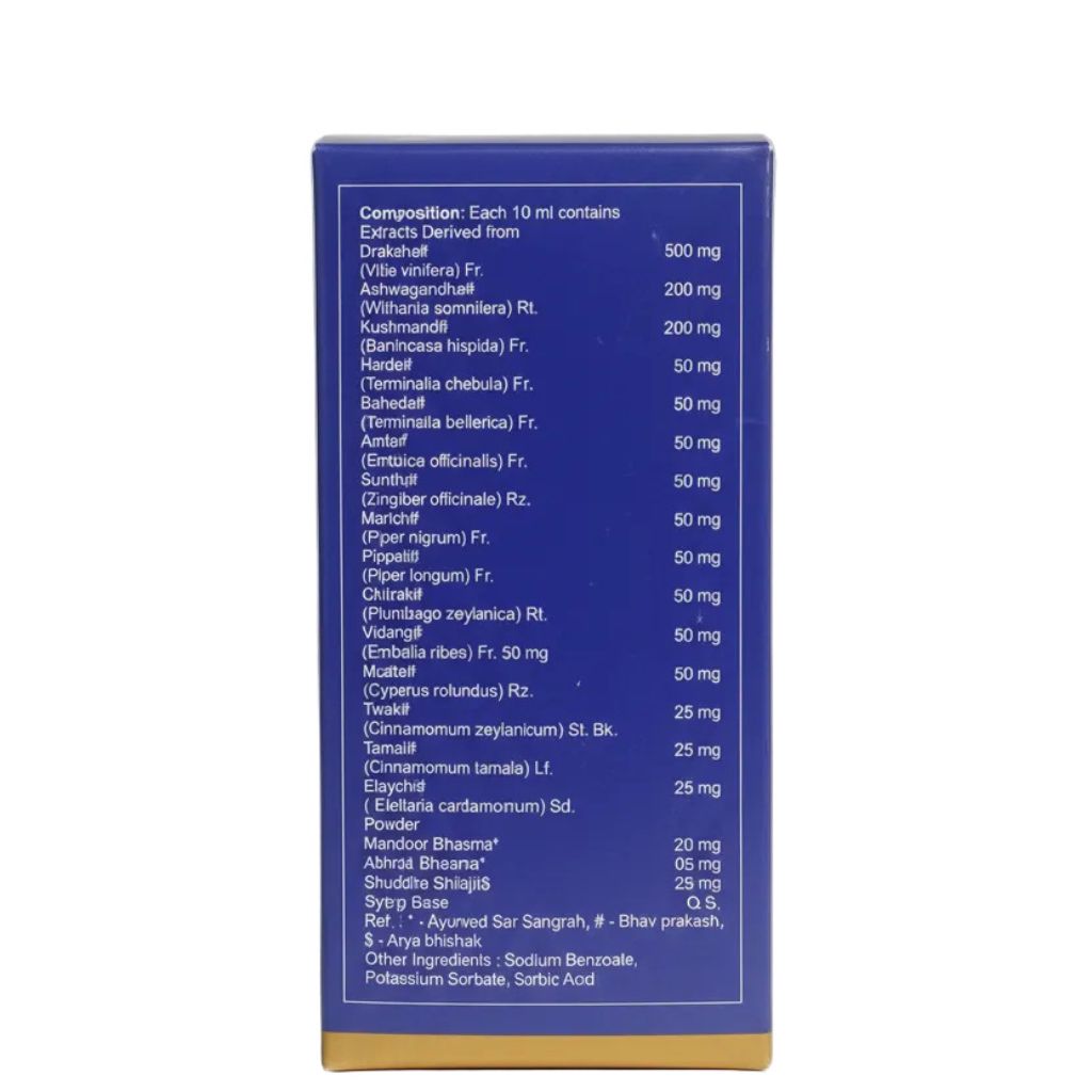 The back of a blue rectangular product box with a gold band at the bottom, showing a white text list of ingredients and dosages on a plain white background.