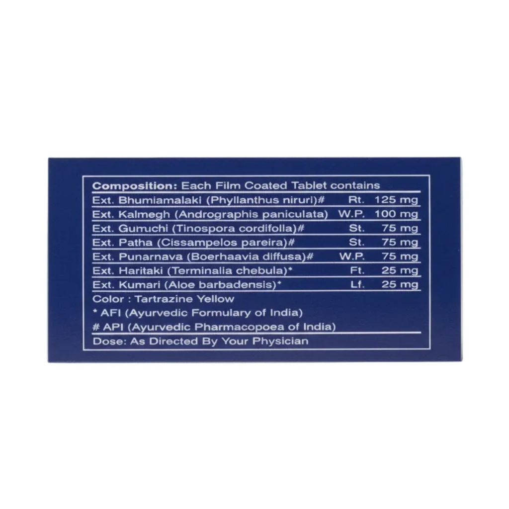 A dark blue rectangular label with white text listing the composition and dosage of a film-coated tablet, including ingredients and the note 'Color : Tartrazine Yellow'.