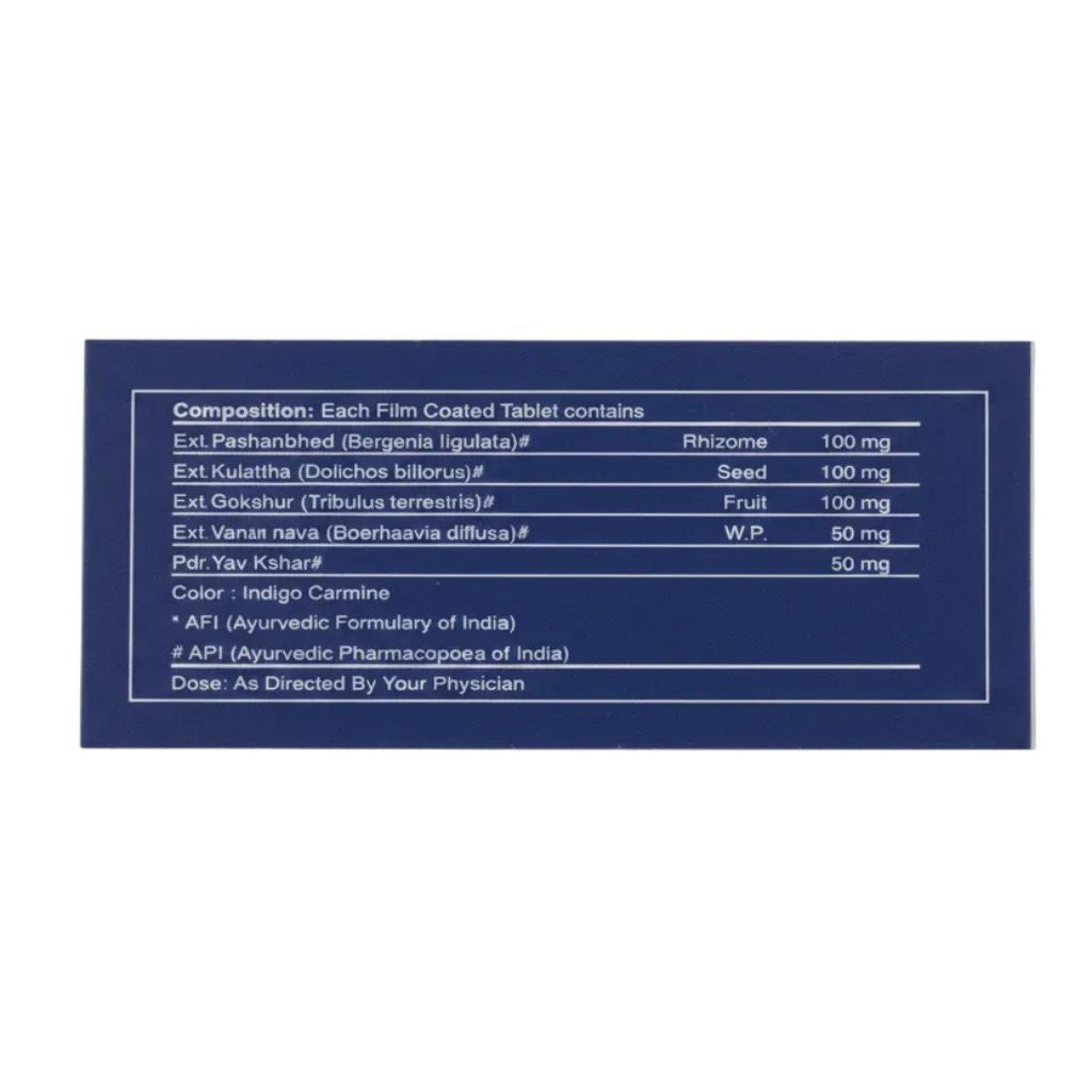A dark blue rectangular label with white text detailing the composition and ingredients of a film-coated tablet, set against a plain white background.