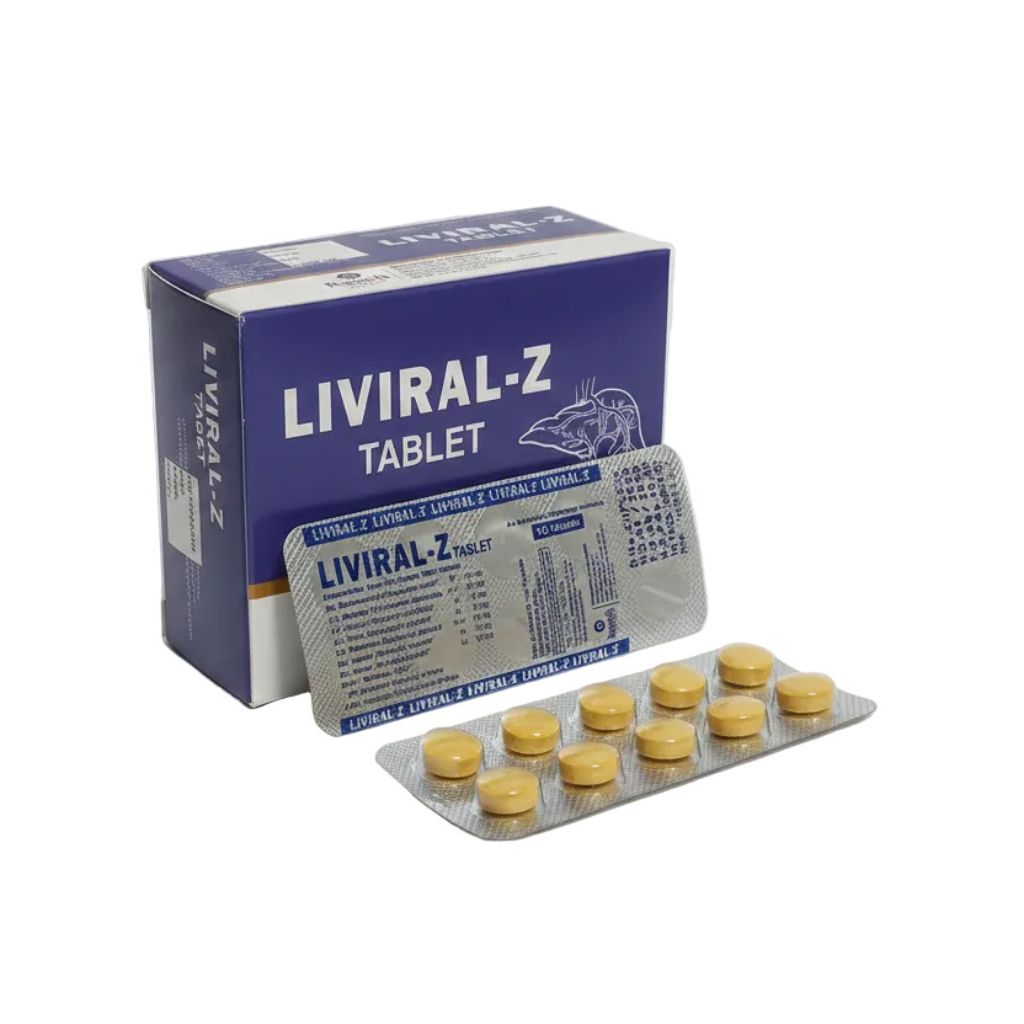 A box of Liviral-Z Tablet alongside a blister pack containing yellow round tablets on a white background.