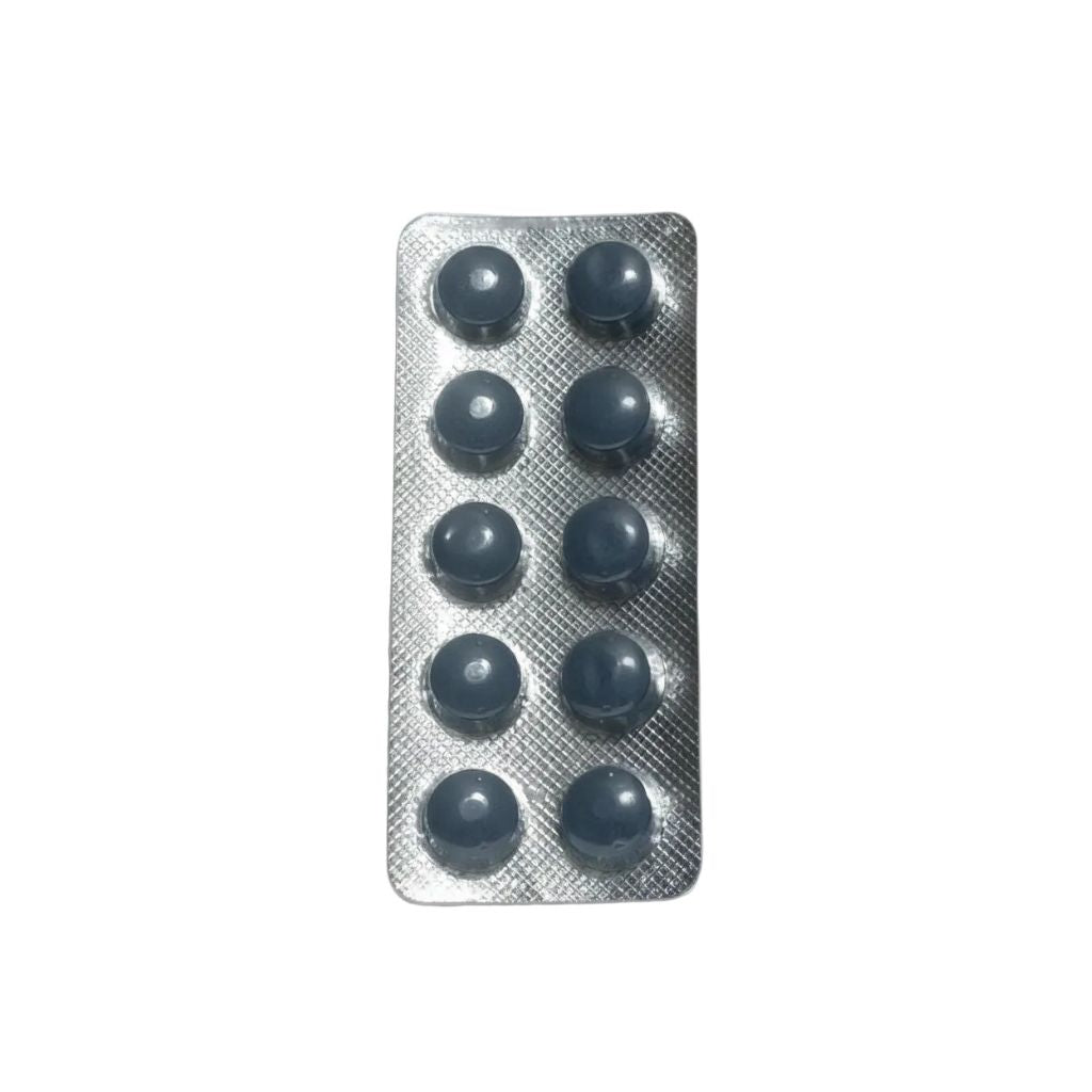 A vertical silver foil blister pack containing ten dark gray oval tablets, arranged in two columns of five, on a plain white background.