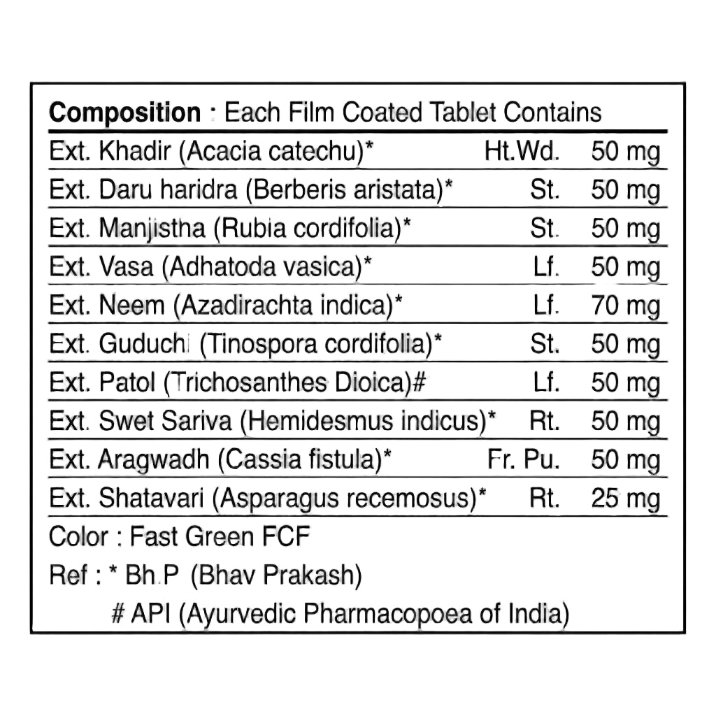 A black and white table outlining the composition of each film-coated tablet, listing active ingredients such as Ext. Khadir, Ext.