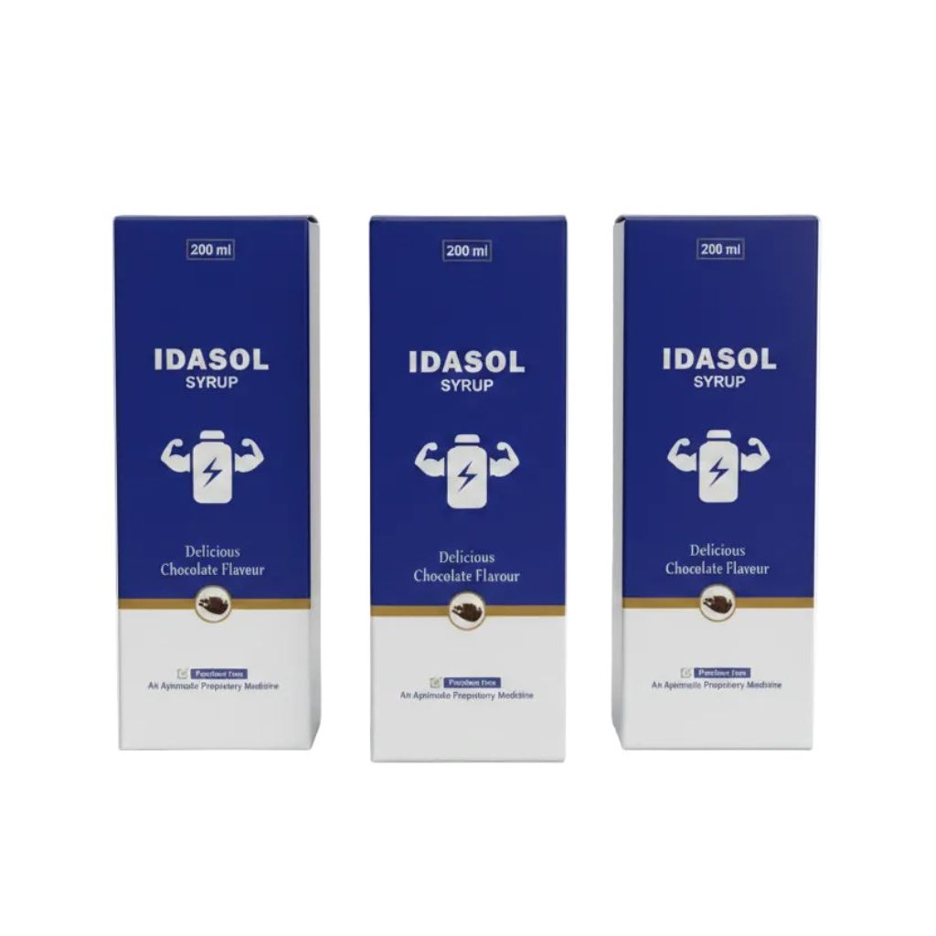 Three identical boxes of IDASOL Syrup, Delicious Chocolate Flavour, 200 ml, arranged side by side on a plain white background.